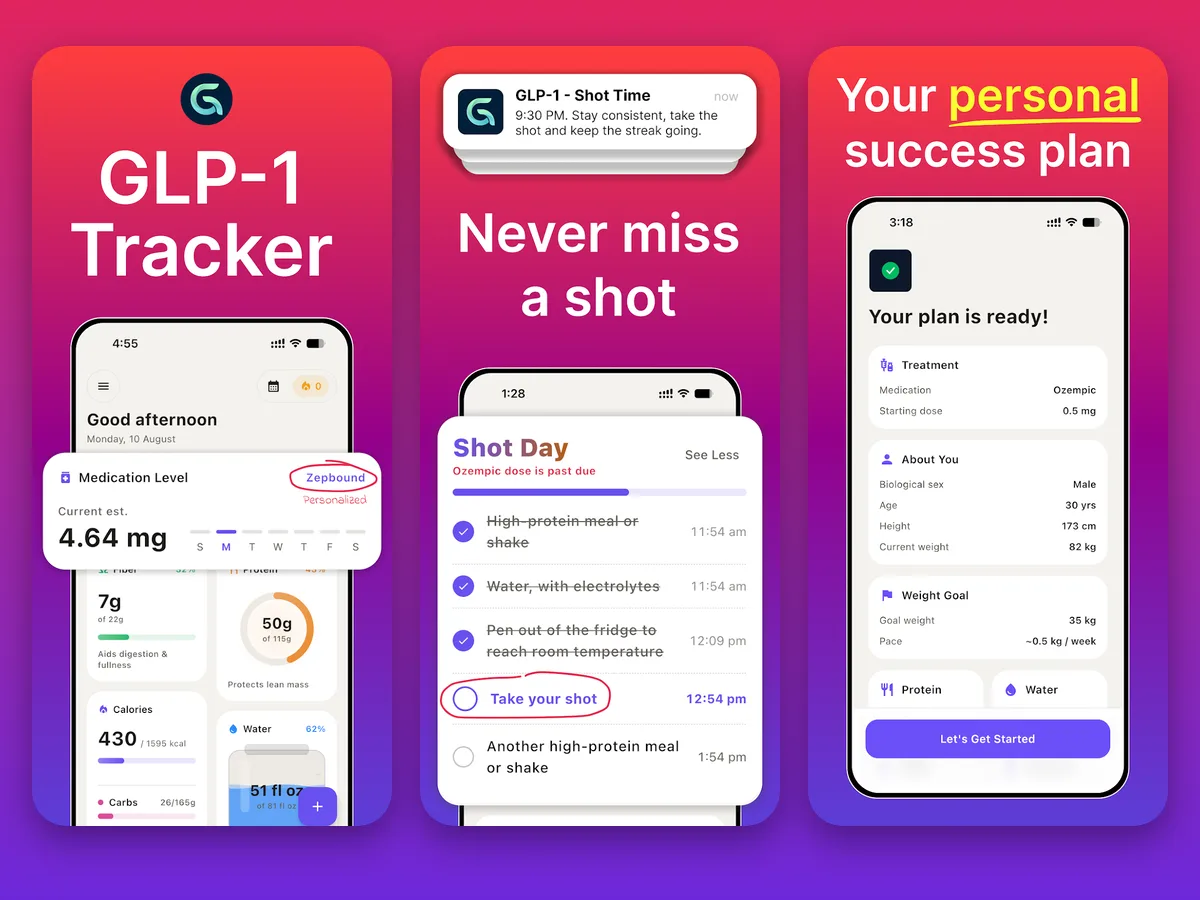 Glpfy GLP-1 tracker app screens
