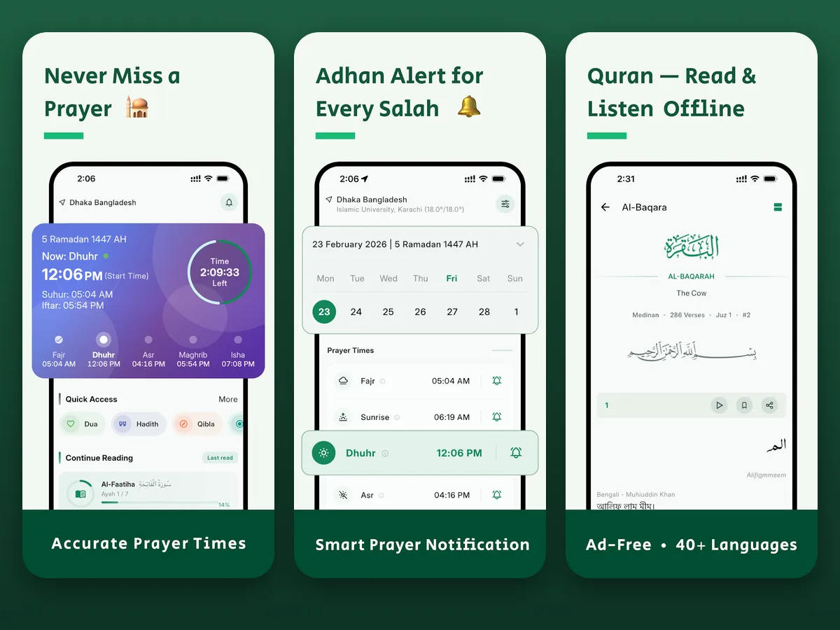Salamly app screens: prayer times, Adhan alerts and offline Quran