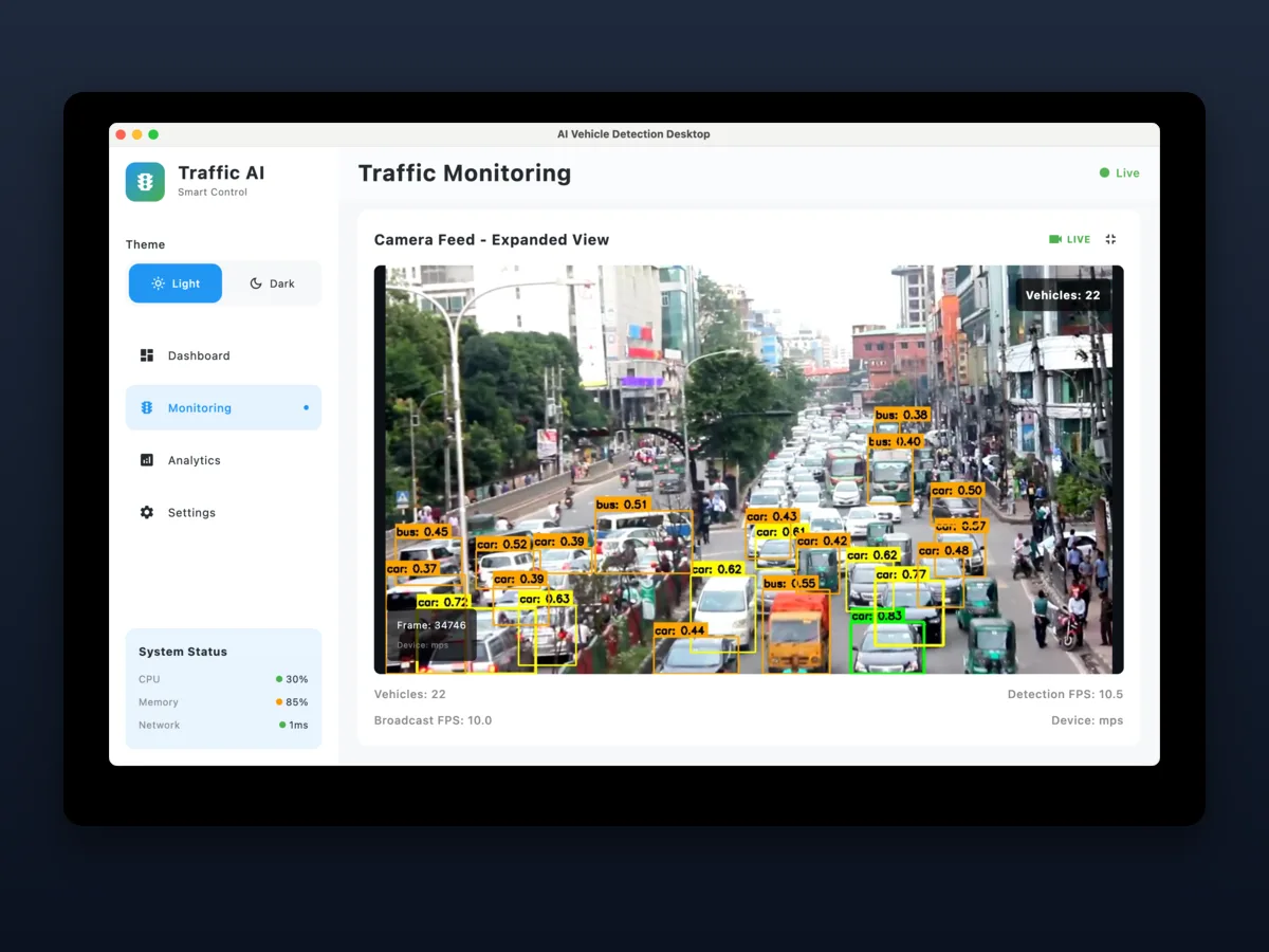 Traffic AI desktop app with live camera feed and detected vehicles